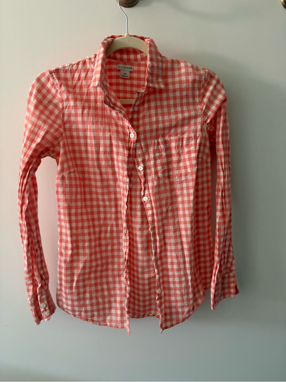 J. Crew Coral and White Gingham Button-Up Shirt